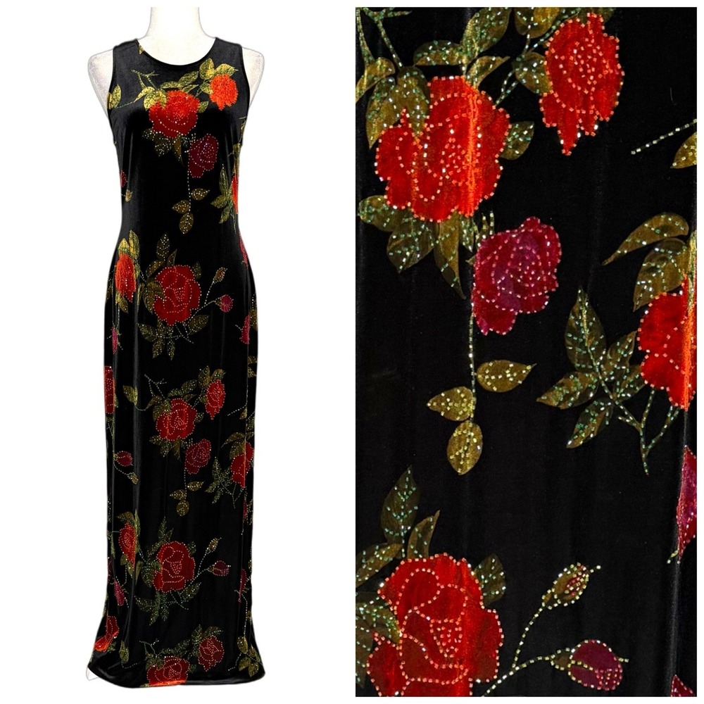 Vintage 90s Stenay Size 12 Velvet Beaded Maxi Dress Floral Whimsigoth Romantic